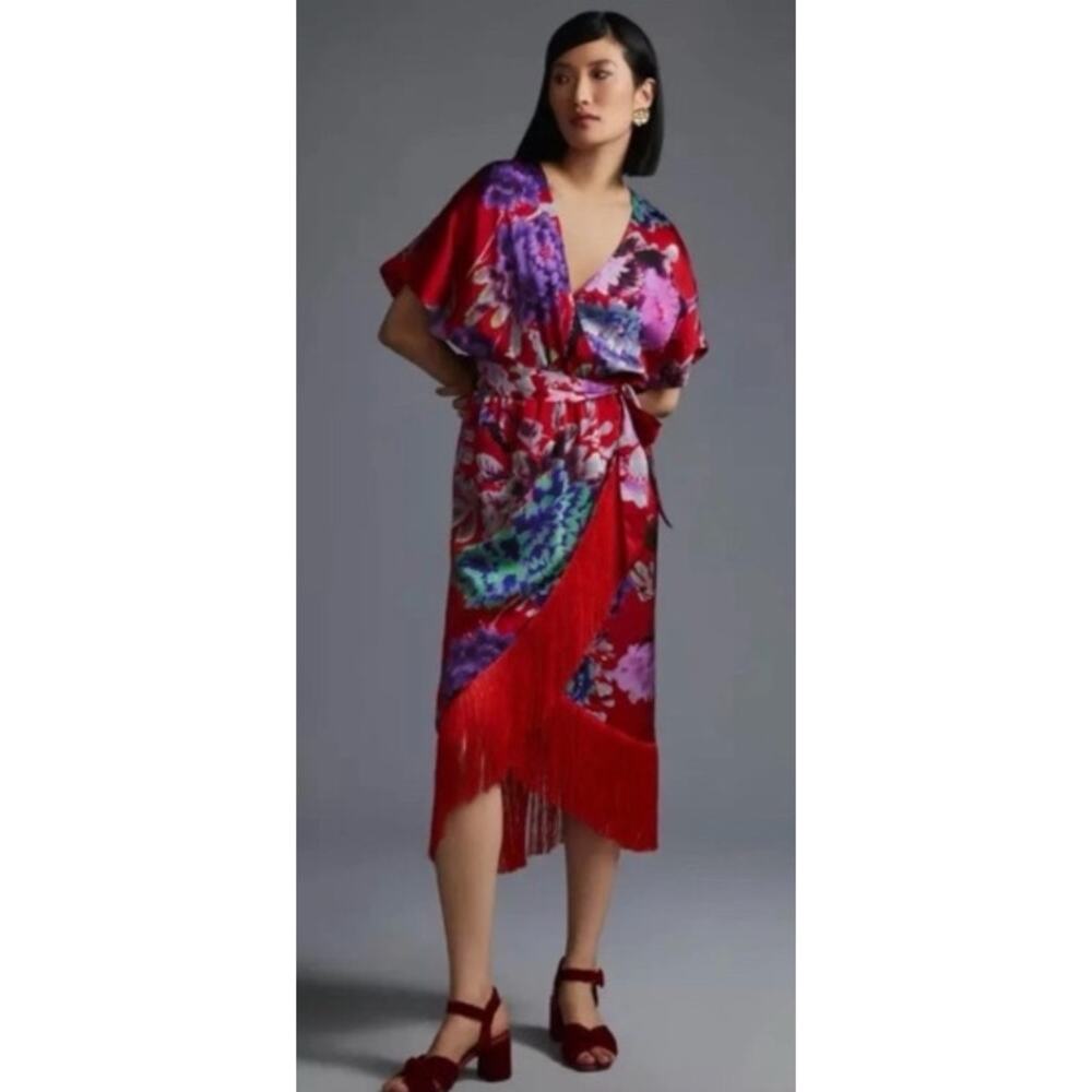 NWT DELFI Collective Anthropologie Floral Midi Wrap Dress with Fringe | Red | S